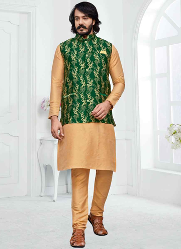 Traditional Cream Woven Art Silk Kurta With Green Koti
